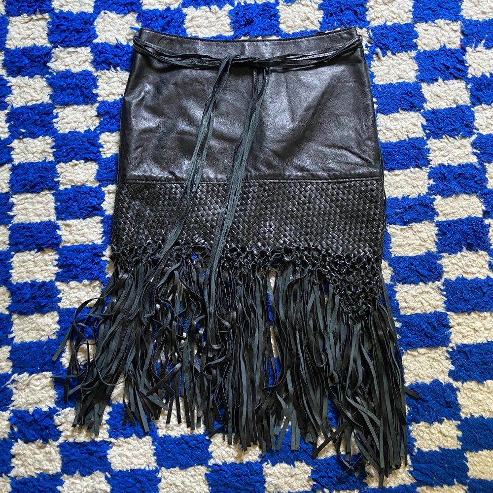 Vintage Y2K Black Leather Braided Fringe Asymetrical Midi Pencil Skirt - size 2